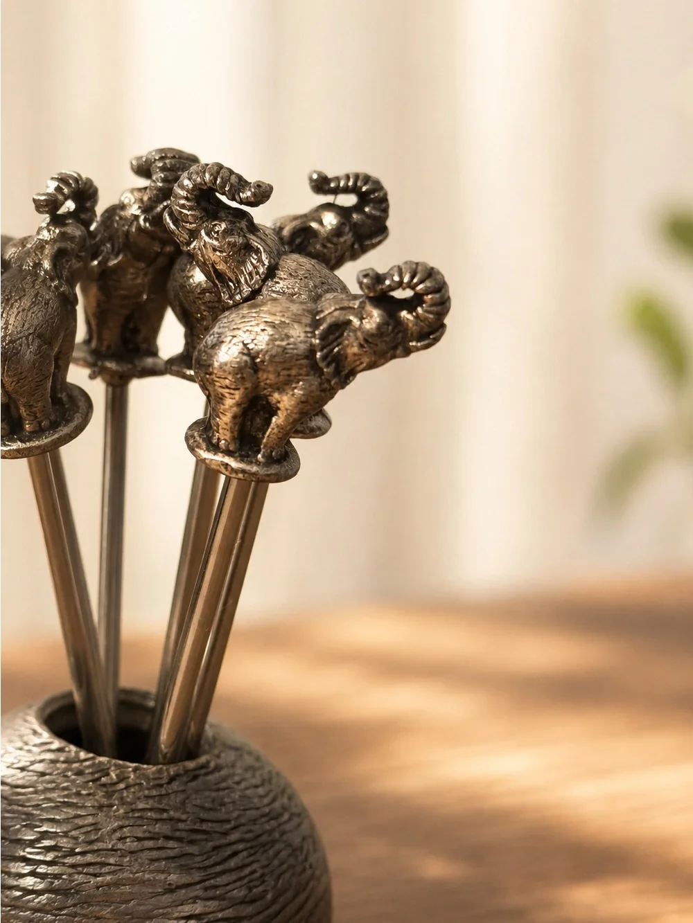 Antique Brass Elephant Olive Picks with Holder - Brown